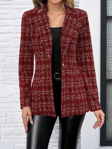 SHEIN Clasi 女式日常格纹修身单扣西装外套 - 酒紅色 - 查看 5