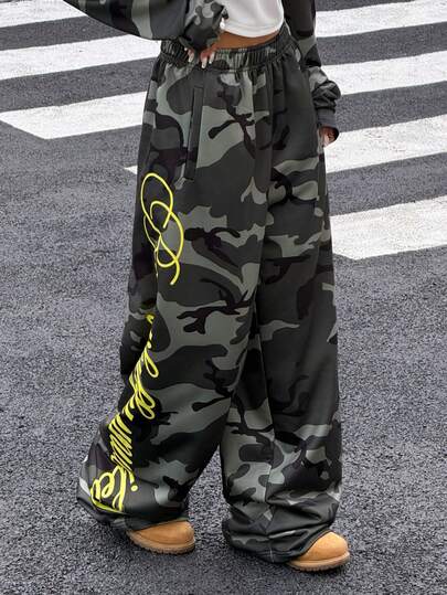 Muchica Women Camouflage & Letter Print Casual Loose Sweatpants For Going Out Outfits, Streetwear, Grunge And Punk Chic, Y2K Clothes