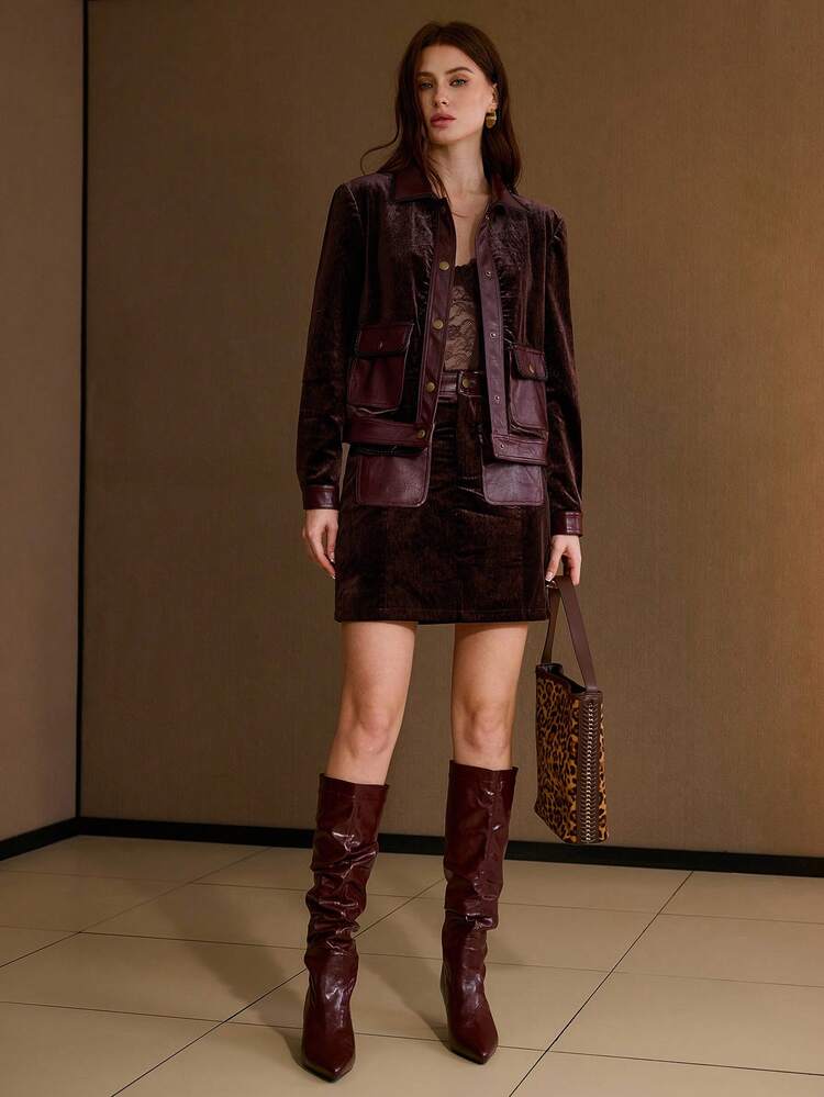 WOMEN'S SOLID COLOR VELVET PATCHWORK LEATHER BRAIDED ROPE DECOR POCKET ELEGANT SHORT SKIRT