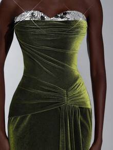 Elitara Elegant Military Green Velvet Bustier Dress,Luxurious Patchwork,Draped Neckline,Ruched Waist,Flounce Hem,Suitable For Dates,Weddings,Formal Occasions - Army Green - View 8