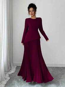 Elenzga Olive Green Asymmetrical Hem Layered Long Sleeve Round Neck Elegant Commuter Versatile Pleated Dress, Autumn/Winter - Burgundy - View 4
