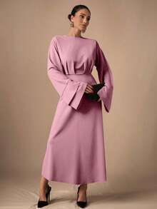 EURMUSE Women's Solid Color Round Neck Pleated Elegant Long Sleeve Dress - Baby Pink - View 4