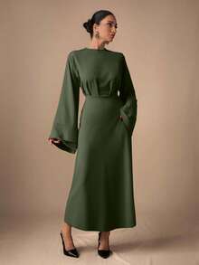 EURMUSE Elegant Commuter Solid Color Bell Sleeve Dress - Army Green - View 6
