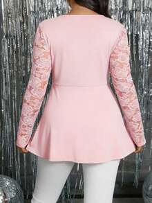 Rometta Women's V-Neck Lace Patchwork Ruffle Sleeve Blouse - Pink - View 2
