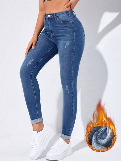 Jeanoix Plus Size High Waist Casual Slim Fit Blue Jeans