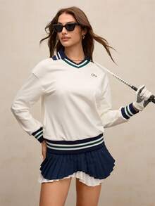 Activina 女士休闲撞色条纹卫衣 - 白色 - 查看 7