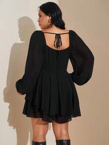 SHEIN Tall CURVE Plus Size Women's Spring/Summer Long Sleeve Daily/Festival/Date/Party Loose Draped Neck Ruched Slit Black Solid A-Line Satin Sweet Sexy Romper For Vacation - Black - View 2