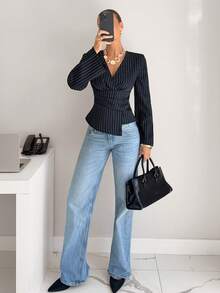 Siren Gaze Women's Striped V-Neck Long Sleeve Fitted Shirt Wrap Tops For Women Blouses For Women Business Office Tops For Women Business Casual Woman Top Office Blouses Winter Blue Elegant Spring - Navy Blue - View 5