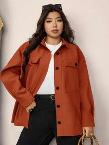 Zelara Plus Size Solid Color Drop Shoulder Long Sleeve Front Button Casual Versatile Overcoat - Coral Orange - View 1