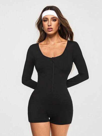 Eassivo Eassivo Women's Black Long Sleeve Zip Front Bodycon Romper,Stretchy Slim Fit Shorts Jumpsuit, Athletic Yoga Activewear For Gym, Workout, Training, And Casual Fashion, Black Romper, Black Bodysuit, Body Suit Romper