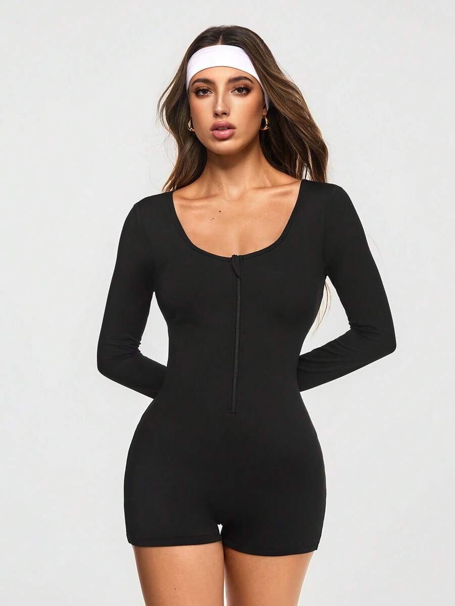 Eassivo Eassivo Women's Black Long Sleeve Zip Front Bodycon Romper,Summer Stretchy Slim Fit Shorts Jumpsuit,Athleisure Yoga Activewear For Gym,Workout,Casual Fashion - Black - View 1