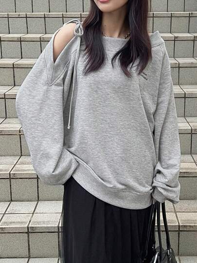 FRIFUL 女士标语印花露肩长袖宽松休闲T恤