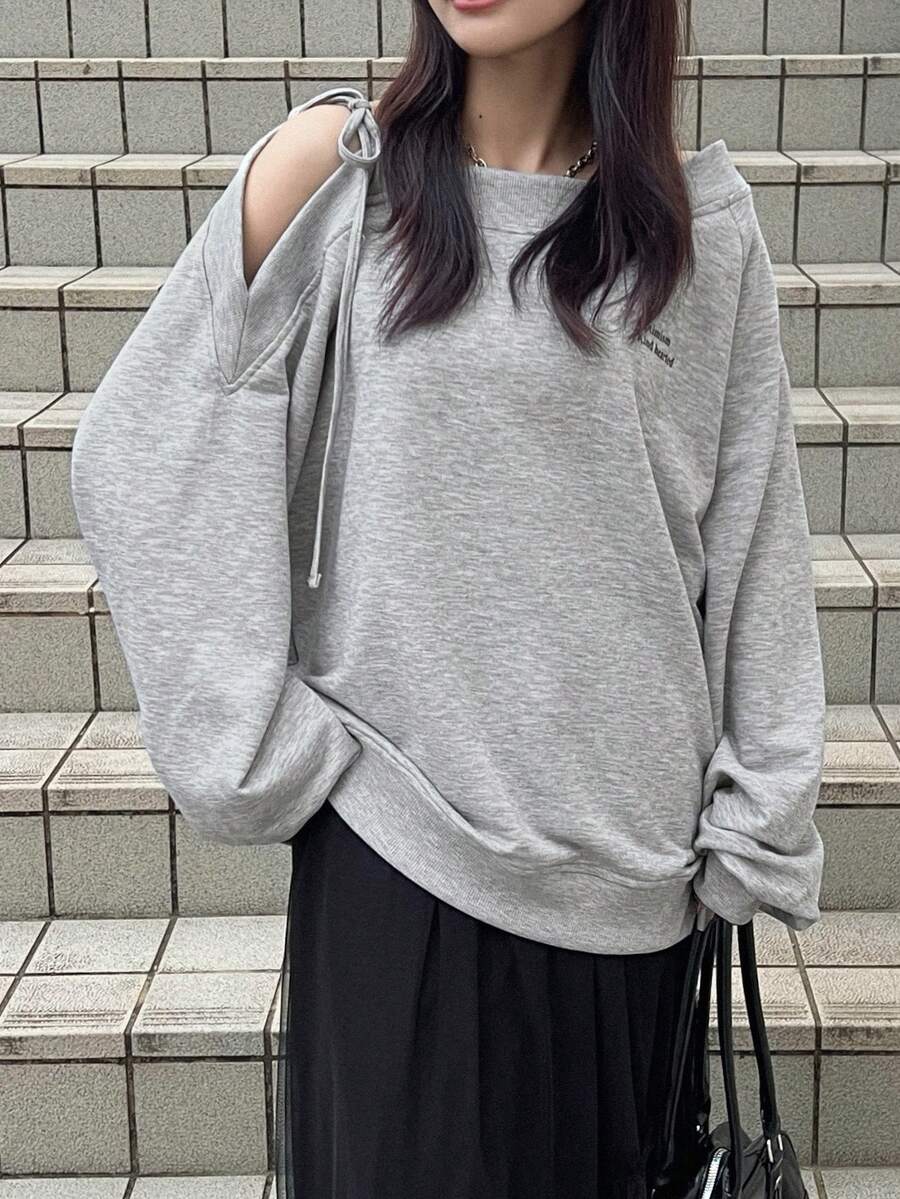 FRIFUL 女士标语印花露肩长袖宽松休闲T恤 - 灰色 - 查看 1