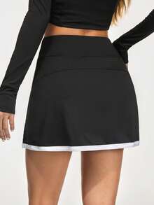 Eassivo Eassivo Women's Black High Waisted Tennis Skirt,Athletic Stretch Sports Skort, Asymmetrical Hem, Contrast Trim, Workout Running Yoga Golf Activewear, Fitness Bottoms - Black - View 2