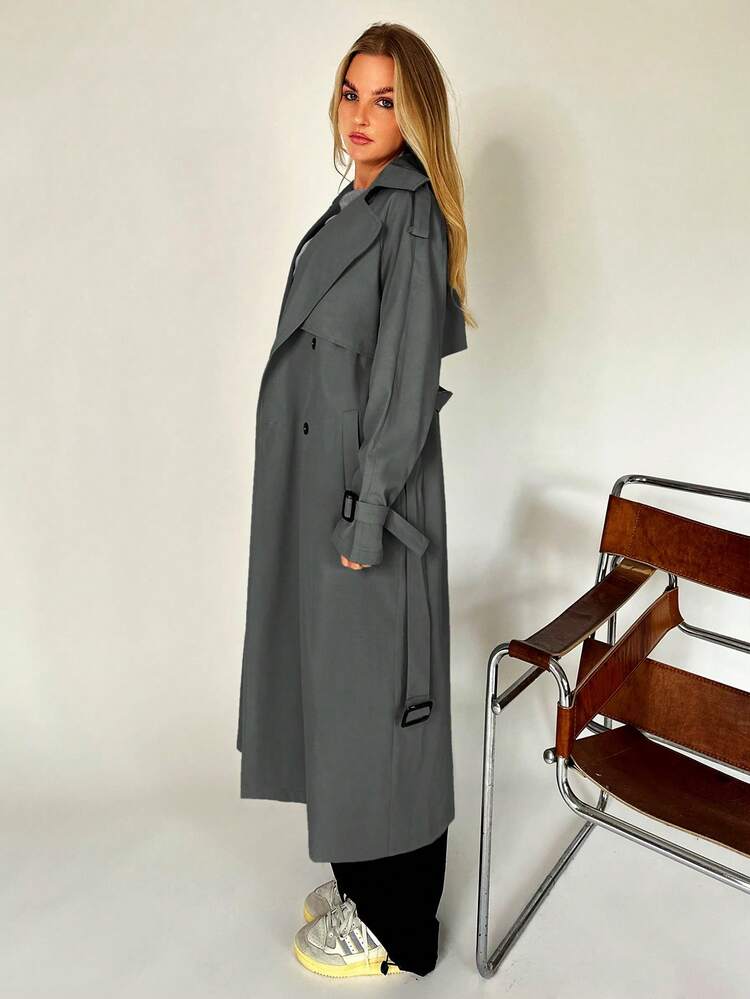 SHEIN EZwear 秋冬用 ダブルブレスト ベルト付きトレンチコート