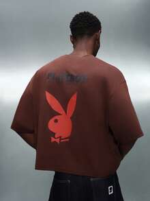 PLAYBOY X SUMWON Crop Fit Boxy Fit Crew Neck Short Sleeve Cotton Tee With Large Back Graphic Print Casual Streetwear Essential - Brown - View 4