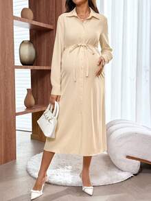 SHEIN Maternity Solid Color Long Sleeve Single-Breasted Belted Casual Shirt Dress - Khaki - View 4