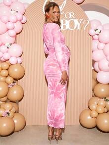 Loomaby Elegant Maternity Party Floral Print Ruched Bodycon Dress Babyshower Dress Maternity Maternity Dress Pink Pregnancy Photoshoot Dress Baby Shower Dress Pink - Pink - View 2