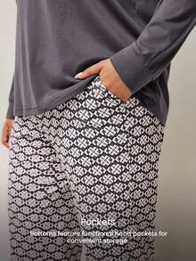 LUVLETTE Autumn And Winter Women Plus Purple Soft Cotton Basic Long T-Shirt & Patterned Pants Loungewear Pajama Set For Women Pants With Pockets Lingerie As Outerwear Lounge Sets Fall Pajamas - Black and White - View 3