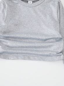 SHEIN Sparklyn Conjunto de 3 piezas de ropa casual y versátil para niñas preadolescentes, con top de manga corta y cuello redondo + pantalones acampanados ajustados de punto, para uso diario y en el hogar, para otoño/invierno - Multicolor - Ver 4