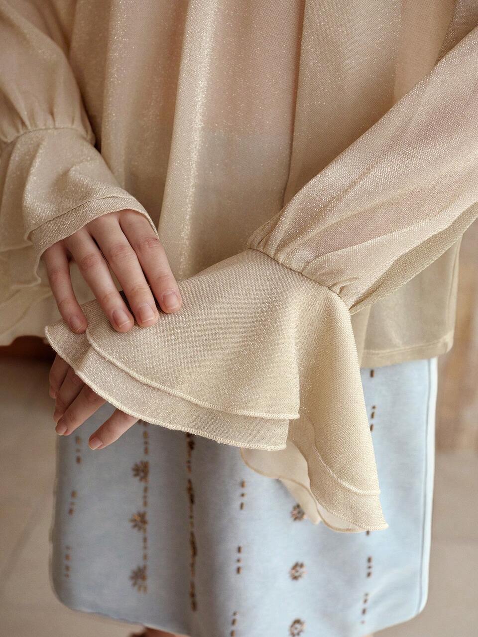 MESH SOLID V-NECK FLARE SLEEVE SHEER BLOUSE WITH SCARF