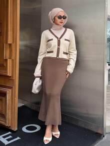 DAZY Women's Elegant Contrast Color Cardigan & Skirt 2 Pieces Set, Autumn Modest Fashion Long Sleeve Tops - Khaki - View 1