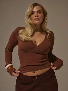 MUSERA Suéter de primavera elegante, lindo y sexy con cuello en V, frente cruzado y manga larga, en estilo pastel de los 90, para aeropuerto, uso diario y oficina - Marrón - Ver 1