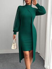 SHEIN Clasi 女士优雅圆领网纱拼接泡泡装饰长袖连衣裙长裙套装 - 墨綠色 - 查看 7