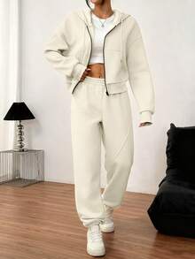 INAWLY Women's Solid Color Hooded Drawstring Sweatshirt And Pants 2 Pieces Set - Apricot - View 4