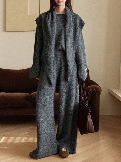 Dazy-Less 2pcs Women's Loose Business Casual Elegant Gray Design Crew Neck Knit Sweater And Pants Set, Autumn/Winter