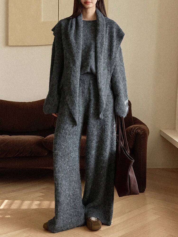 2pcs Women's Loose Business Casual Elegant Gray Design Crew Neck Knit Sweater And Pants Set, Autumn/Winter