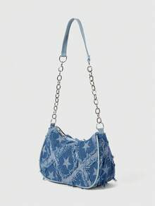 ROMWE Grunge Punk 装饰扣细节、缝线、链条肩带单肩包、女士装饰扣单肩包、街头时尚流浪包、小号/中号斜挎包和钱包套装、适合购物、约会、女士礼物、适合少女、大学生、工作、商务、通勤 - 藍色 - 查看 2