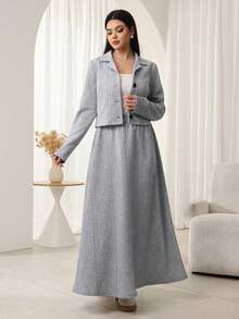 Modelyn 2pcs Women Front Button Long Sleeve Top And Skirt Set, Fashionable For Outings In Autumn/Winter - Light Grey - View 4