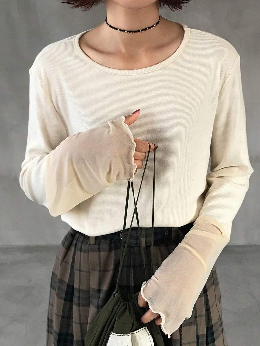 FRIFUL 女士圆领插肩拼接撞色薄纱长袖宽松休闲套头卫衣，适合秋季穿着 - 米色 - 查看 1