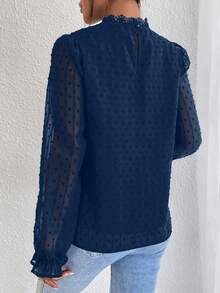 SHEIN Frenchy Áo sơ mi nữ cổ đứng, ren, tay áo raglan, dáng rộng, trong suốt, thường ngày - Màu xanh hải quân - Xem 2
