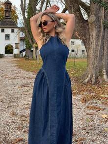 Jeta Ari 女式圆领无袖露背喇叭牛仔连衣裙，夏季时尚 - 深色水洗藍 - 查看 6