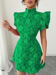 Selianne Váy ngắn tay bồng vải đỏ họa tiết cổ điển thanh lịch hở lưng cổ cao thắt nơ màu tương phản thiết kế độc đáo ôm vừa vặn cho nữ, mùa hè - màu xanh lá - Xem 6