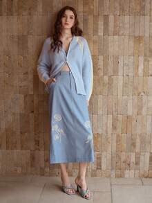 MOTF PREMIUM WOMEN'S EMBROIDERED A-LINE SKIRT WITH SPLIT - Blue - View 6
