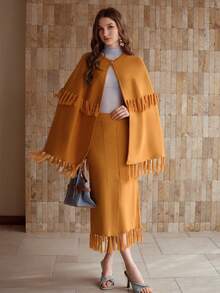 MOTF PREMIUM FRINGED SHAWL CAPE CARDIGAN - Mustard Yellow - View 6