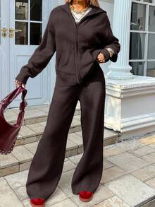 DAZY 两件套女士纯色落肩长袖拉链连帽开衫毛衣套装 - 棕色 - 查看 4