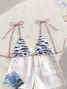 Swim Vcay 时尚甜美肩部系带蝴蝶结装饰无钢圈可拆卸胸垫性感沙滩/机场比基尼上衣，女士，春夏款 - 彩色 - 查看 3