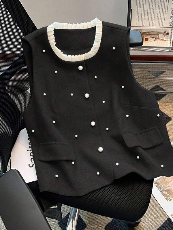Regalyn Plus Size Woolen Vest With Ruffle Collar, Pearl Decor, Stylish Commuter Fashion Retro Elegant Minimalist Vest Jacket