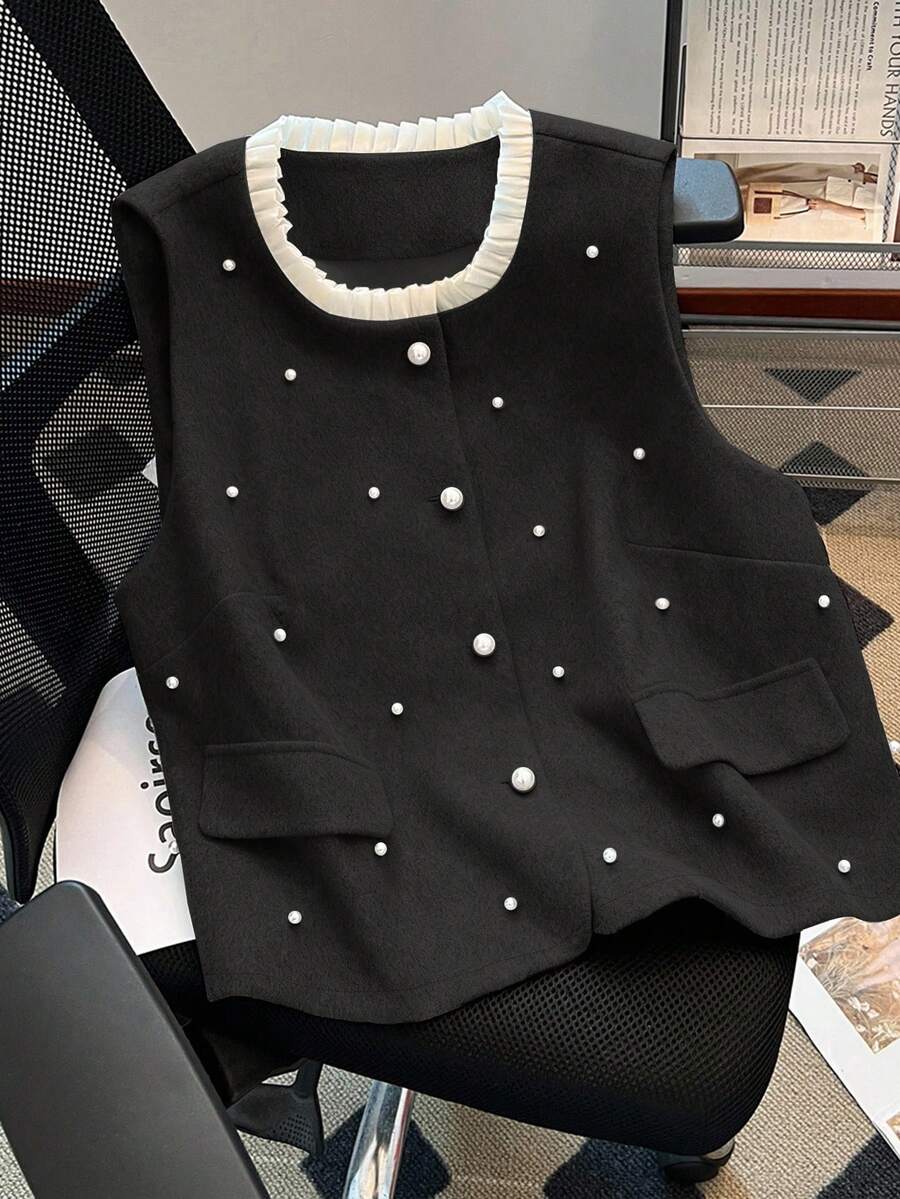Regalyn Plus Size Woolen Vest With Ruffle Collar, Pearl Decor, Stylish Commuter Fashion Retro Elegant Minimalist Vest Jacket