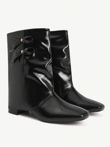 CUCCOO CHICEST Women's Autumn/Winter New Arrival Metal Bow Square Toe Block Heel Elegant Sweet Commute Casual Fashion Personalized Comfortable Black Faux Leather Patent Leather Ankle Boots, Suitable For Afternoon Tea, Date, Fashion Party, Workplace, Collegiate, Streetwear,, Basic Versatile, Christmas, Thanksgiving, New Year - Black - View 8