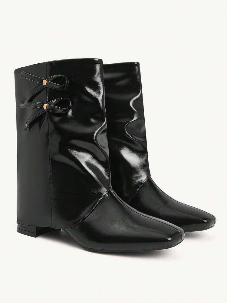CUCCOO CHICEST Botas de Tornozelo de Couro Sintético e Couro Envernizado Preto, Elegantes e Doces, com Bico Quadrado, Salto Bloco e Laço de Metal, Adequadas para Chá da Tarde, Encontros, Festas da Moda, Trabalho, Faculdade, Streetwear, Básicas e Versáteis, Natal, Ação de Graças, Ano Novo - Preto - Visão 8