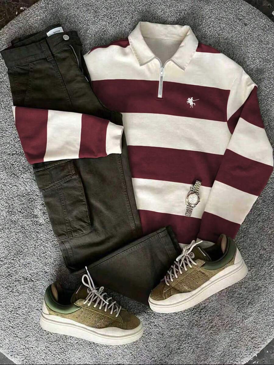 Manfinity Dauomo Men's Casual Fashionable Street Wear Everyday Commute Contrast Stripe & Knight Print Half-Zip Turndown Collar Loose Sweatshirt, Spring/Autumn - Red and White - View 1