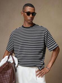 AKNOTIC 3 件装男士休闲条纹圆领短袖宽松 T 恤，夏季 - 黑色 - 查看 4