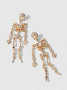 ROMWE Goth 2pcs Fully Rhinestone Halloween Skull Earrings, Suitable For Daily Wear - Gold - View 3