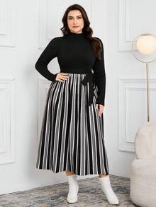 Modelyn 大码女式休闲通勤日常百搭撞色条纹高领系带毛衣连衣裙，秋冬款 - 黑色 - 查看 1