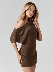 MISSGUIDED Off Shoulder Mini Dress Casual Ruched Side Bodycon Fit Short Sleeve Party Club Evening Wear - Brown - View 5
